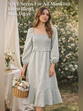 NWT Seven For All Mankind Sage Green Linen Blend Smocked Midi Dress Small